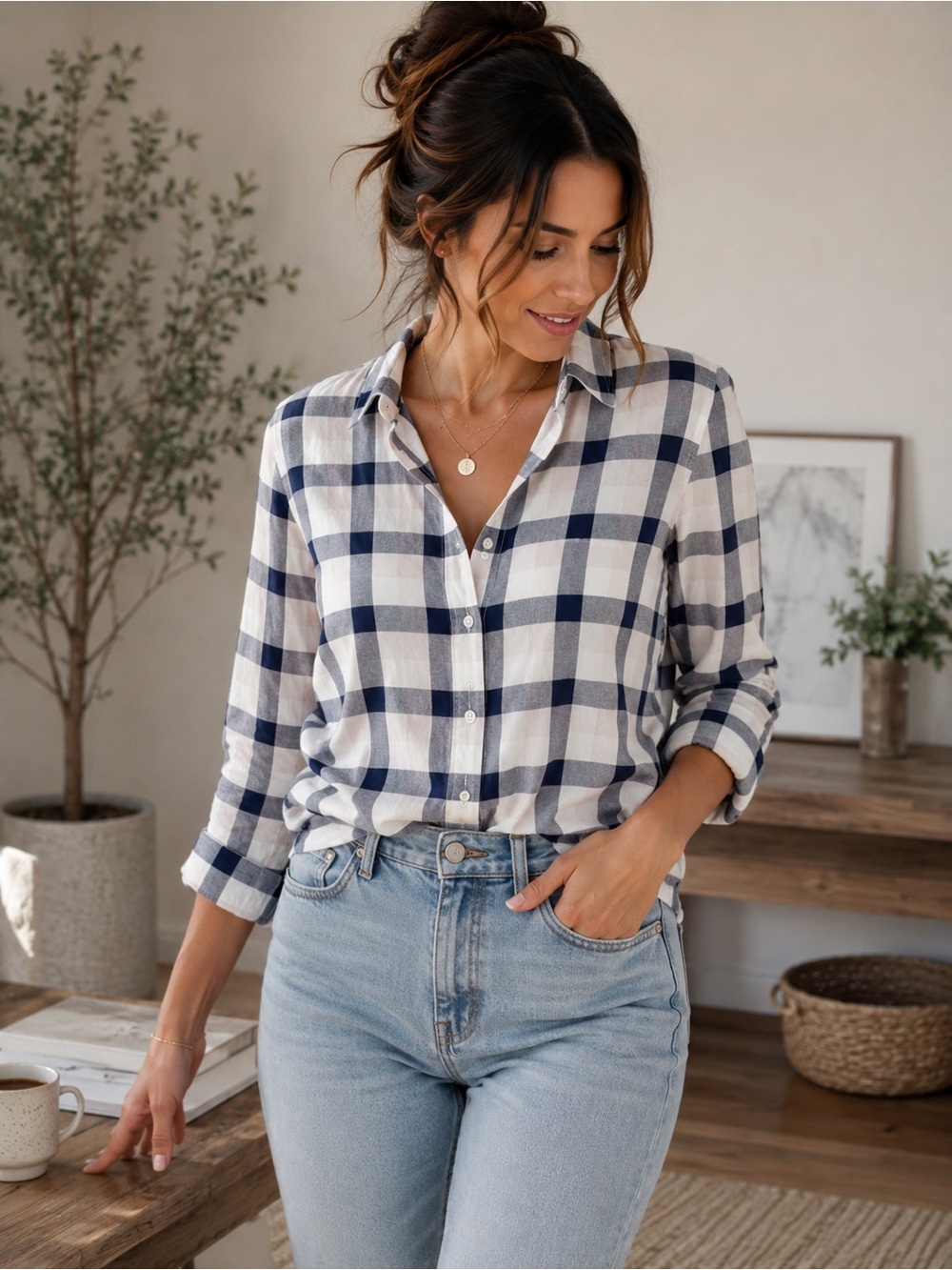 Anthropologie Bella Dahl Plaid Button Down Blue Pink Long Sleeve Small